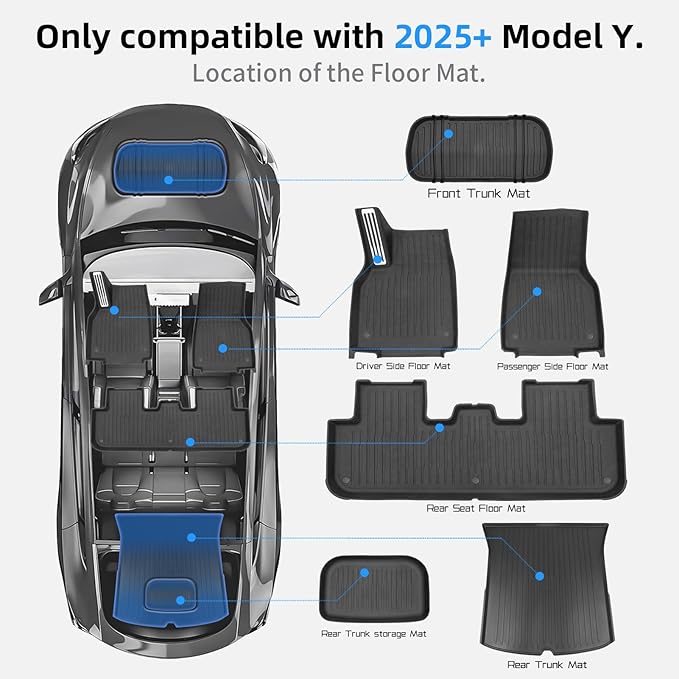 6 Pcs Liners for New Tesla Model Y Juniper Accessories 2025 2026 All Weather Floor Mats Front Frunk Rear Trunk Mats Cargo Liner TPE Anti-Slip 5-Seater