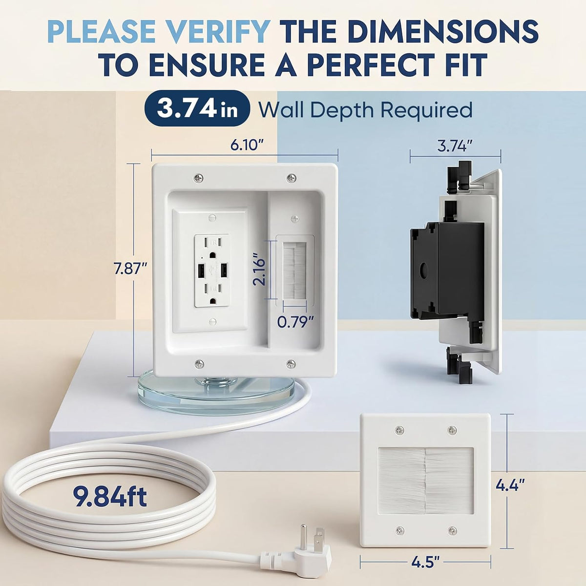 in-Wall Cable Management Kit, Recessed TV Outlet Box with Dual AC + 2 USB Ports, 9ft Power Cord, Wall Cable Hider Pass Through, TV Cord Concealer for Wall Mounted TV, Home Theater