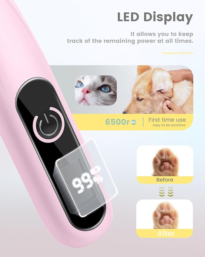 Dog Paw Trimmer with LED Display,35dB Ultra-Low Noise Dog Grooming Clippers,Cordless Paw Trimmers for Dog's Feet with LED Light,Type-C Rechargeable Cat Hair Trimmer for Paws, Ears, Face, Rump