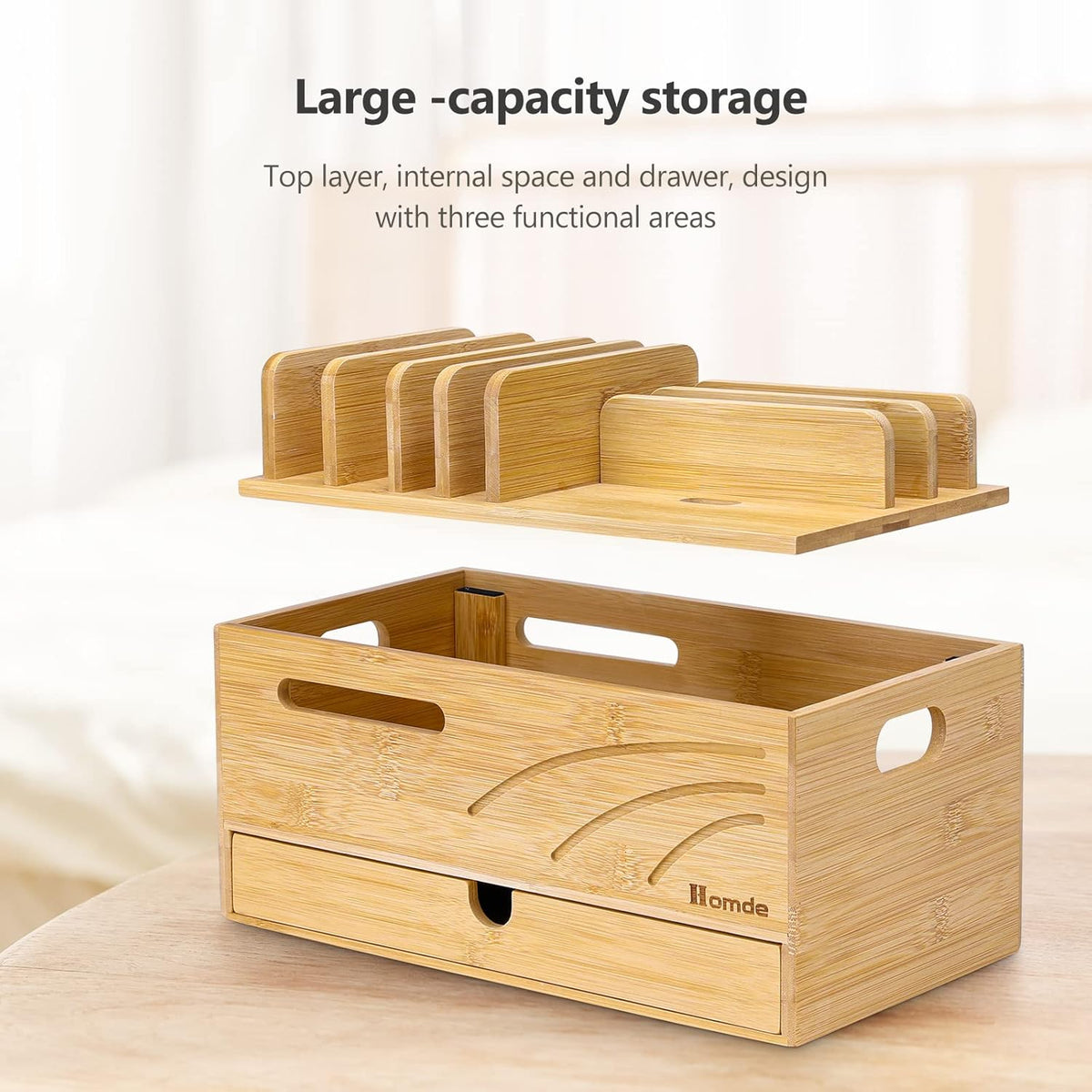 Homde Bamboo Charging Station Organizer: 6 Compartments and Drawer