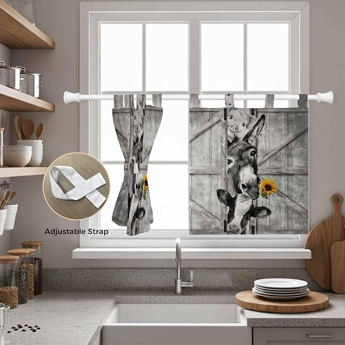 Funny Farm Animals Kitchen Curtains 36 Inch Length, Small Window Curtains Tab