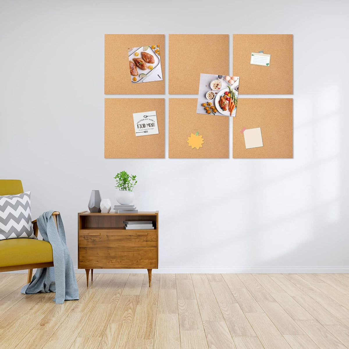 6 Pack Cork Bulletin Board 12 x 12 Inch - 1/2" Thick Cork Board Tiles,Self-Adhesive Frameless Cork Tiles Wall Decor with 50 PCS Pushpins for DIY, Office, School and Home Decor