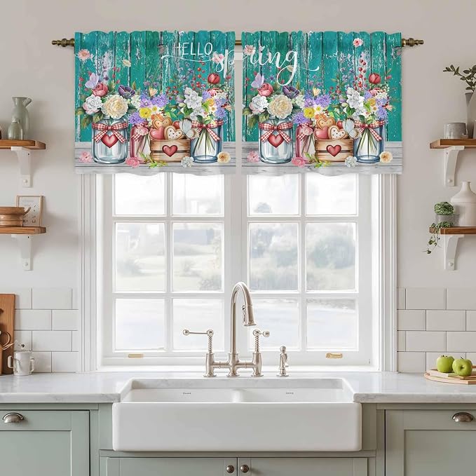 Spring Flowers Tier Curtains, Farmhouse Watercolor Teal Wood Grain Light