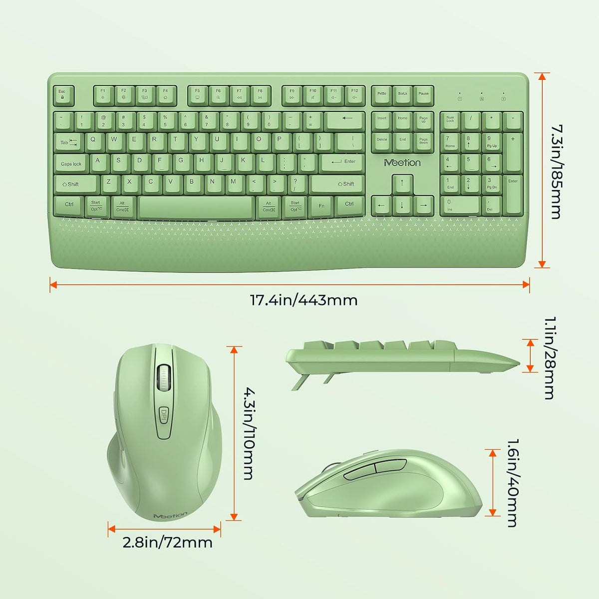 MEETION Wireless Keyboard and Mouse Combo, Full-Size with Wrist Rest, Green
