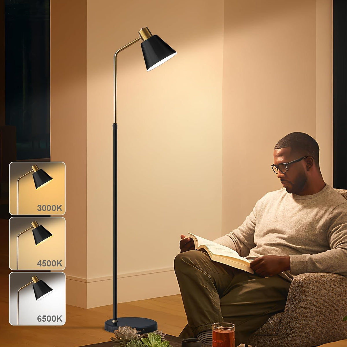 Bright Dimmable Black Gold Reading Floor Lamp, Adjustable Angle and Height