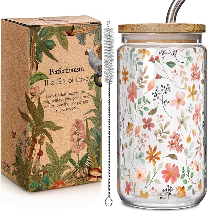 Floral Iced Glass Cups with Bamboo Lids and Straws 16oz Wildflower Coffee Cup