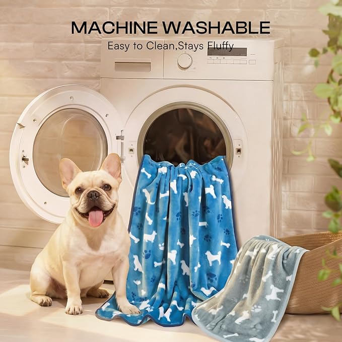 Luciphia 1 Pack 3 Blankets, Cute Dog Printed Fluffy Fleece Pet Blanket for Dogs Cats Washable, Warm Soft Throw Cover for Crate Couch, Gifts Puppy Essentials, Blue/Grey/Khaki, Large (41x31 inch)