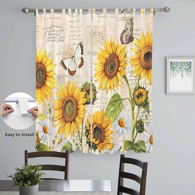 Yellow Sunflowers Living Room Curtains 96 Inch Length, Window Curtains Tab Top