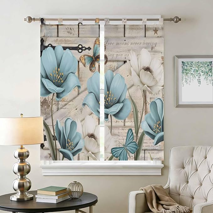 Teal Blue Tulips Living Room Curtains 84 Inch Length, Window Curtains Tab Top
