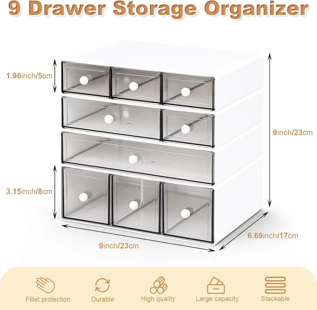 Desk Organizer with 9 Drawers, 4 Tier Plastic Stackable Storage Drawers for Desk Storage, Office Stationary Makeup Organizer Suit for Home, Office and School