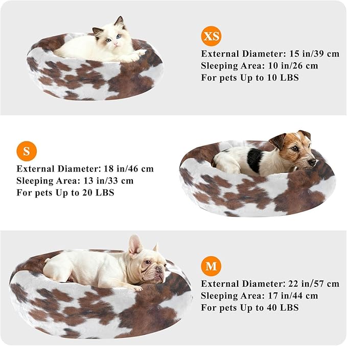 Round Cat Bed Dog Bed,13in Cow Print Washable Non-Slip Bottom Soft Pet Bed for Small Medium Dogs and Cats