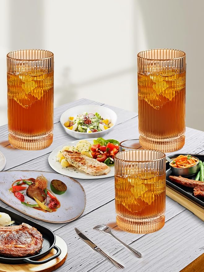 Ribbed Glassware Vintage Drinking Glasses 12Pcs Set （6 Highball Glasses 16Oz