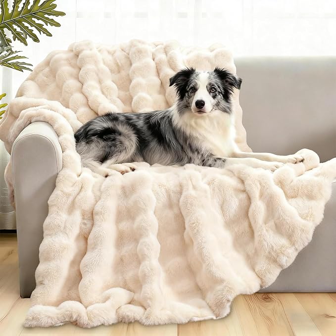 Waterproof Dog Blanket for Sofa Bed Couch, Couch Cover Blanket Fluffy Faux Rabbit Fur Reversible Furniture Protection, Pet Blanket for Medium Large Dogs Cats