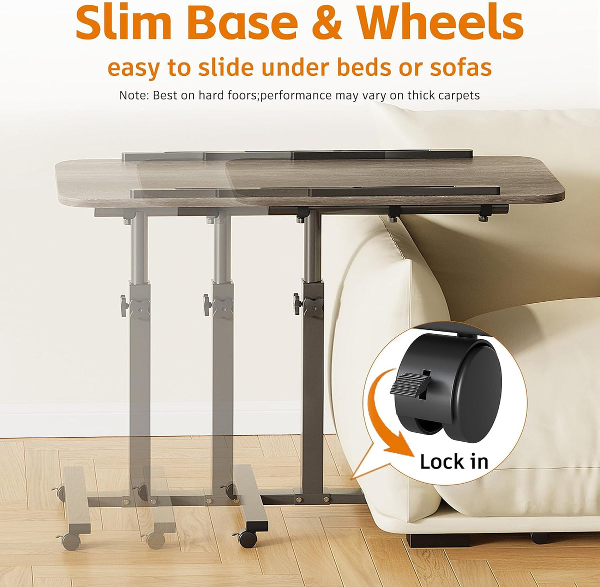 Height-Adjustable Rolling Overbed Laptop Table with Wheels for Bed & Couch