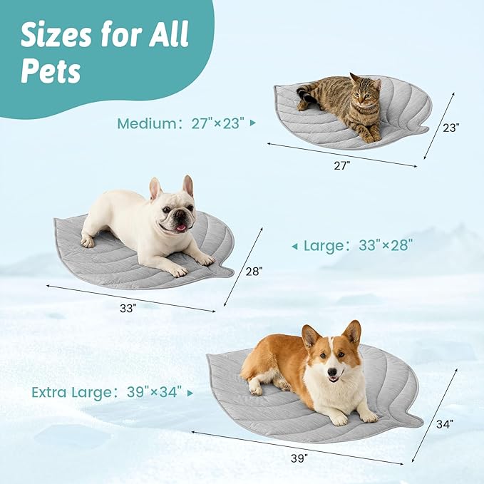 Dog Cooling Mat, Q-Max > 0.4 Leaf Shaped Pet Pad, Liquid Pee Proof Summer Mat for Cats, Washable Sleep Blanket for Bed Couch Floor Indoor, 39x34 inch, Silver Grey