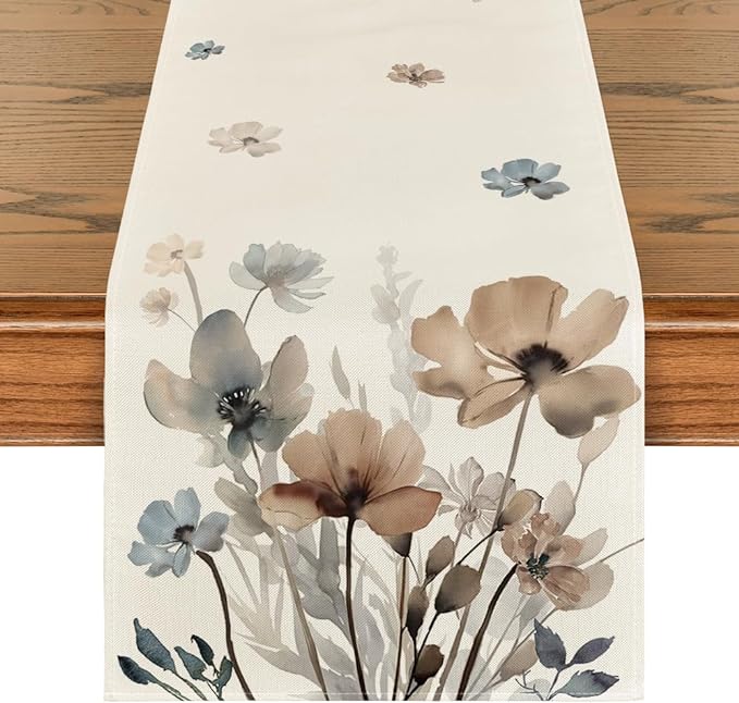 Artoid Mode Brown Poppy Floral Leaves Spring Table Runner, Seasonal Summer