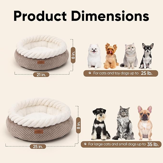 FUKUMARU Dog Bed, Calming Donut Dog Beds, Plush Faux Fur&Corduroy Cat Beds, Cute Round Washable Pet Bed for Large Cats and Small Dogs, Cat Cave with Anti-Slip Bottom, 25inch, Camel