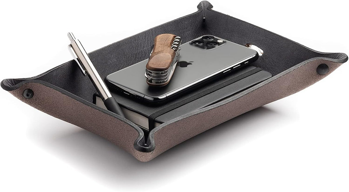 Main Street Forge Leather Valet Tray for Men – Rustic EDC Organizer for Keys, Phone & Wallet – Made in USA – Avalanche Gray