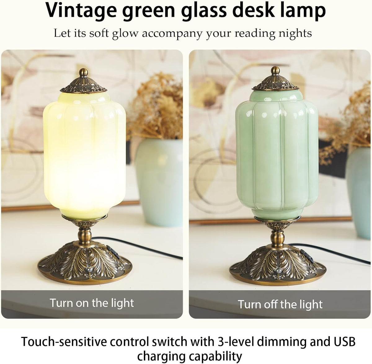 Vintage Milk Glass Table Lamp, Antique Brass Touch Desk Lamp, Green 3-Way