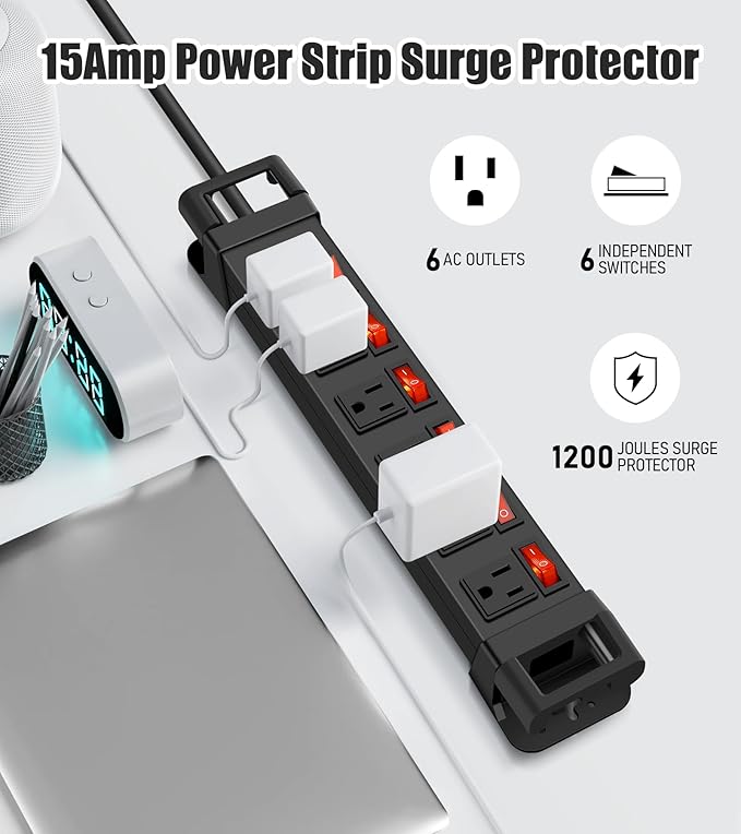 Heavy Duty Power Strip,6 Outlets Metal Power Strip with Individual Switch & Cord Management,Mountable Surge Protector 1200J,6FT Extension Cord(Black,6 FT)