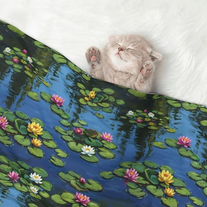 Pet Blanket for Couches and Beds, Water Lilies Monet Painting, Reversible Double Sided Plush Design with Soft Bumpy Texture and Smooth Surface, Furniture Protector