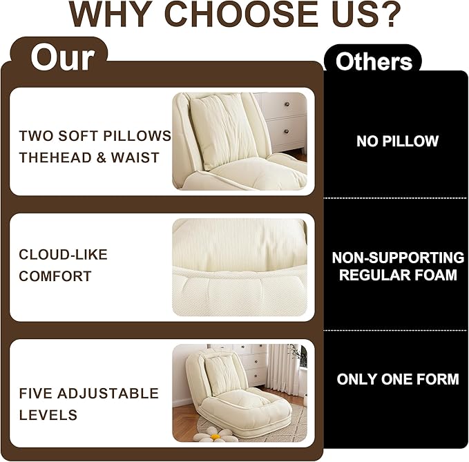 Adjustable 5-Position Human Dog Bed for People, Big Comfy Plush Floor Gaming Lazy Sofa Chair with Pillows & Back Support, Foldable Lounge Loveseat Couch for Living Room Bedroom (Off White)