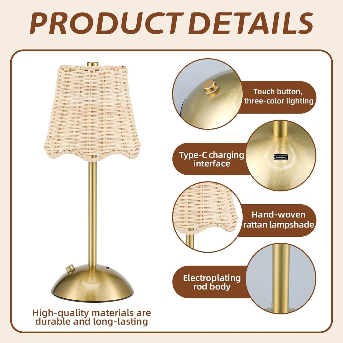 12 Inch Rattan Cordless Table Lamp, Without Bow, Gold, 4 Pack