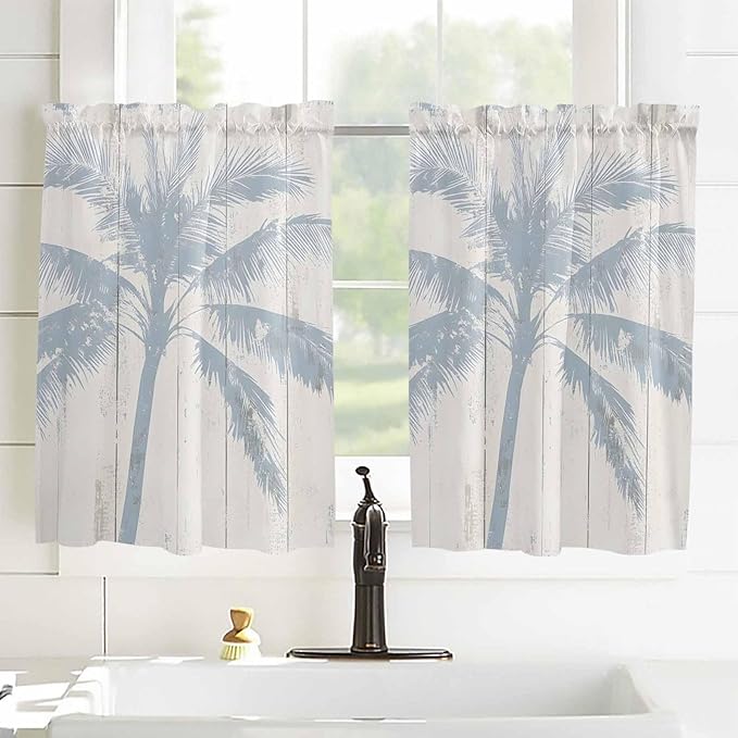 Summer Coconut Tree on Vintage Wood Grain Window Valance Curtains, Seaside