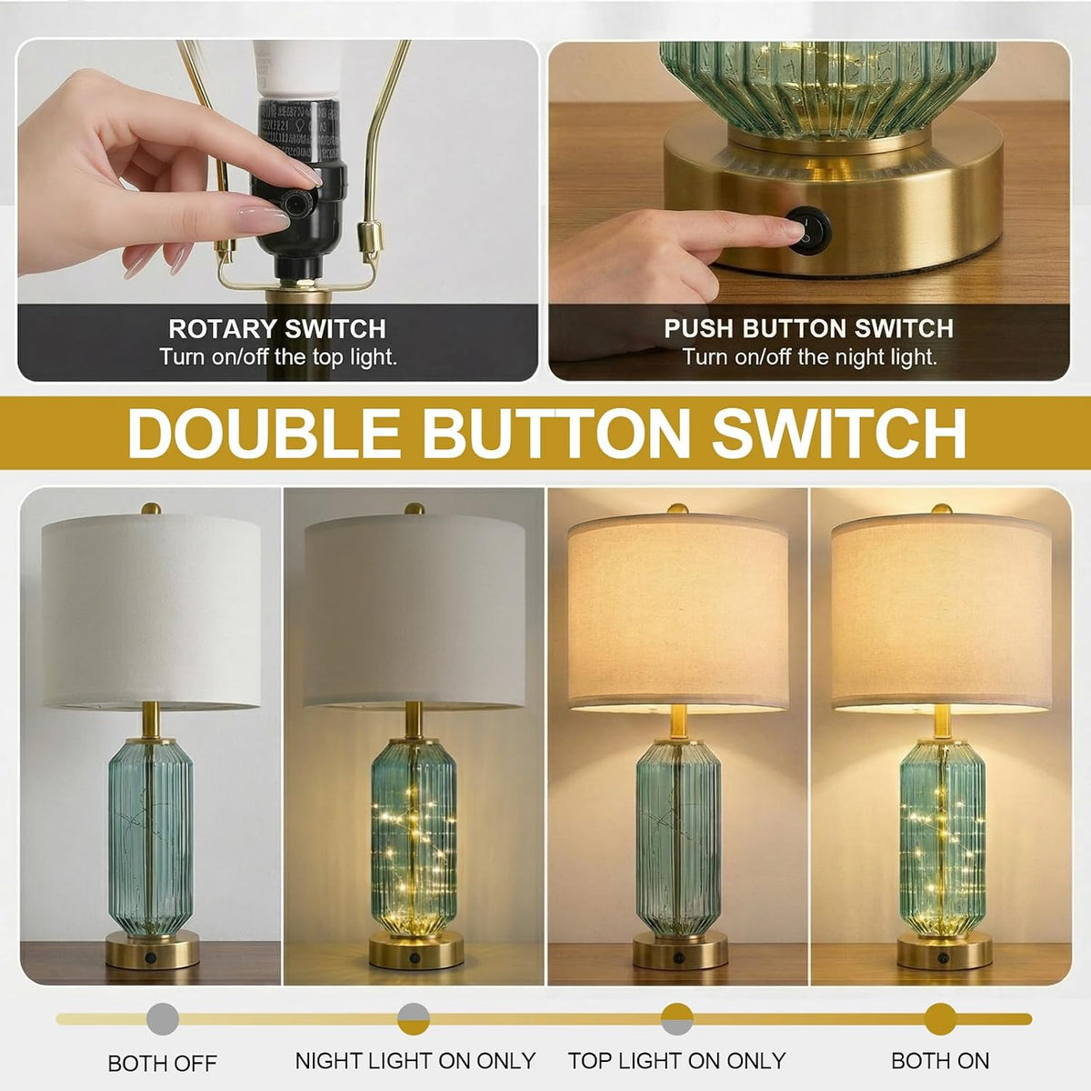 Oneach 24.5" Bedside Table Lamps Set of 2, Green Glass Nightstand Lamps with USB A+C Charging Ports and Night Light, Gold Modern Lamps for Bedroom, Living Room, End Table (2 Bulbs Included)