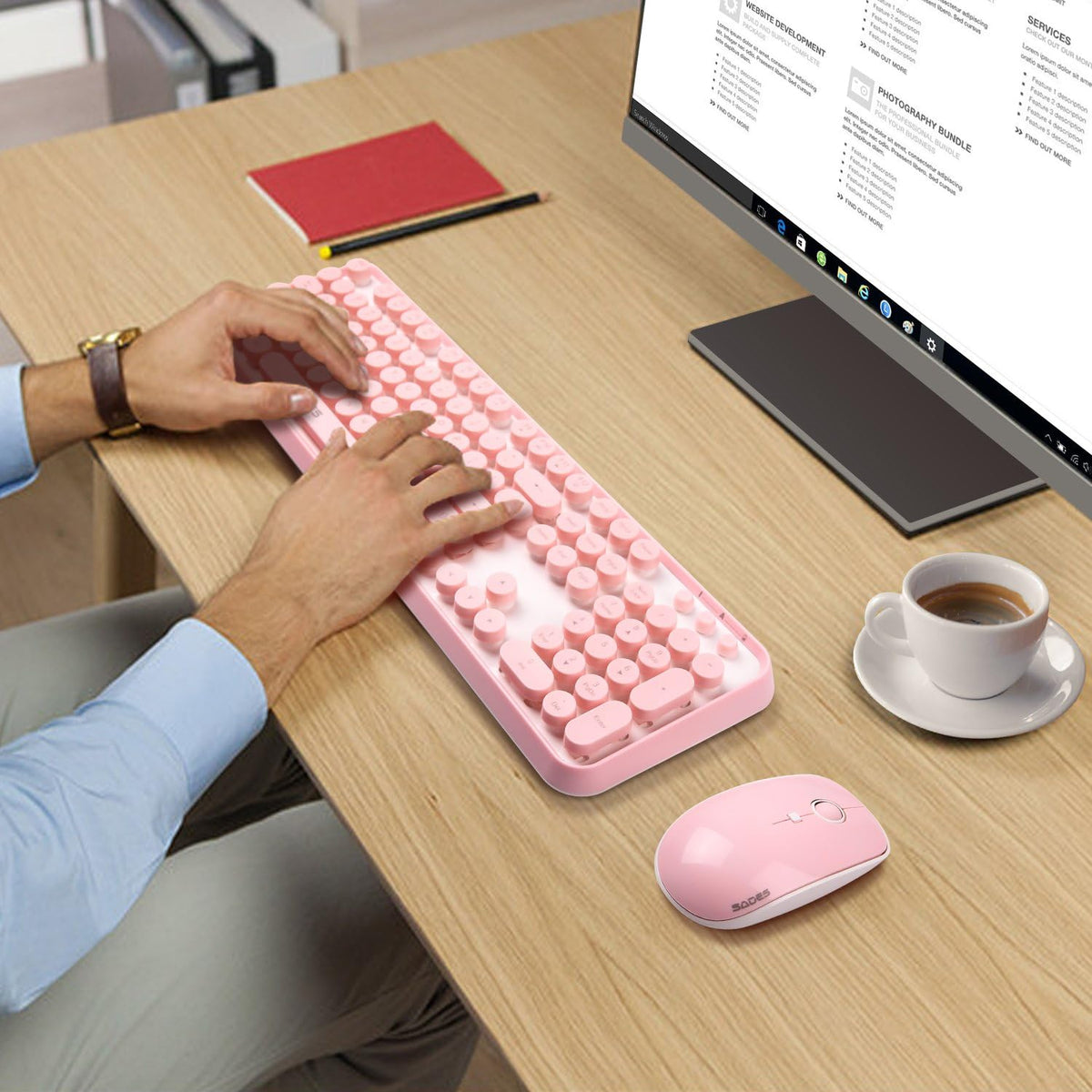 Pink Wireless Keyboard and Mouse Combo,Cute Typewriter Style,for Long Nails