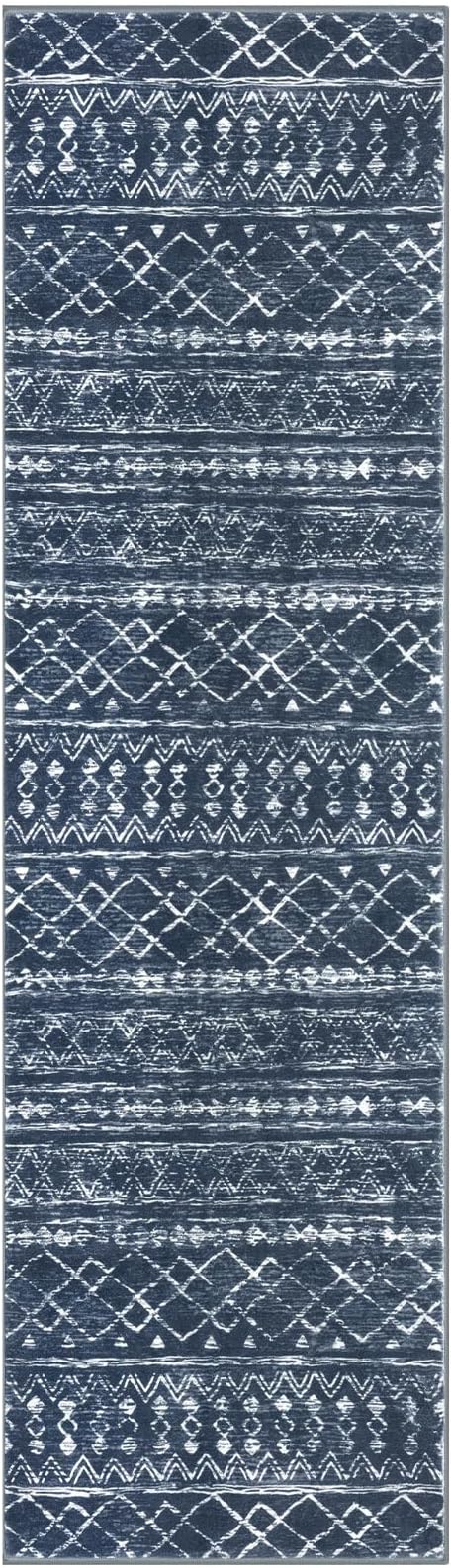 KUTA Moroccan Washable Runner Rug, 2x7 Non-Slip Vintage Navy Blue Boho Hallway