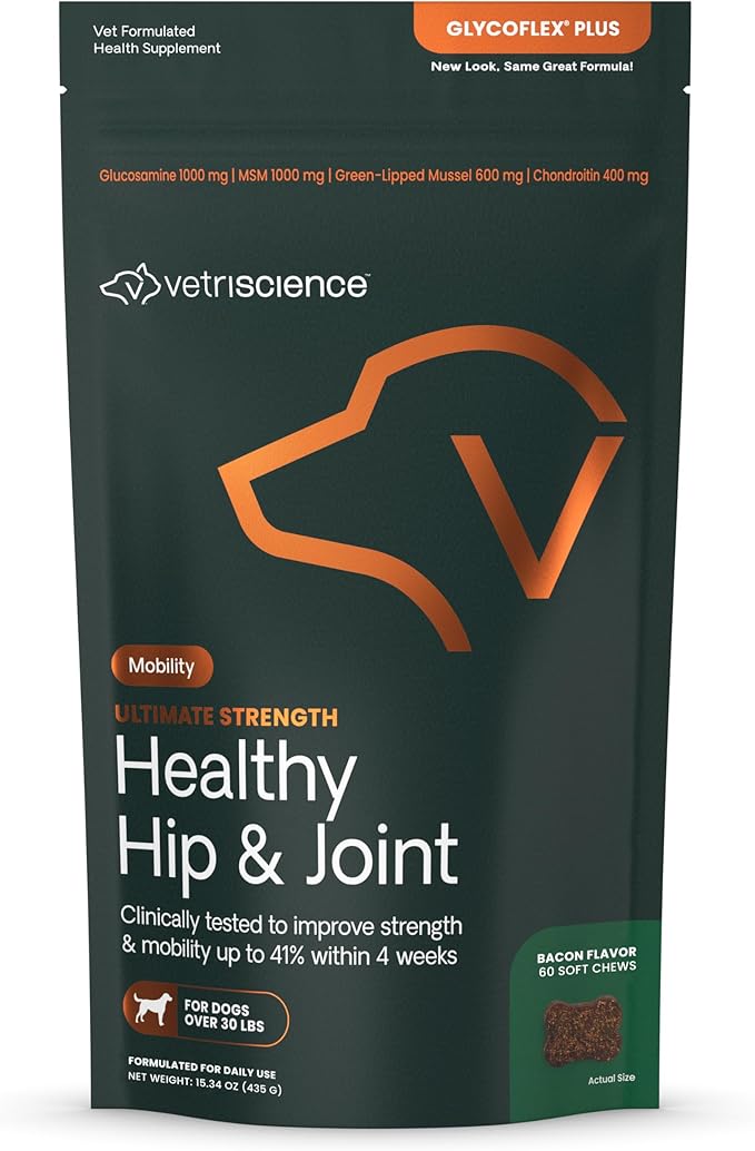 VetriScience Ultimate Strength Hip & Joint Supplement for Dogs, GlycoFlex Plus – MSM, Chondroitin & Green-Lipped Mussel Chews for Mobility, Flexibility, Comfort & Support, Bacon Flavor, 60 Cnt