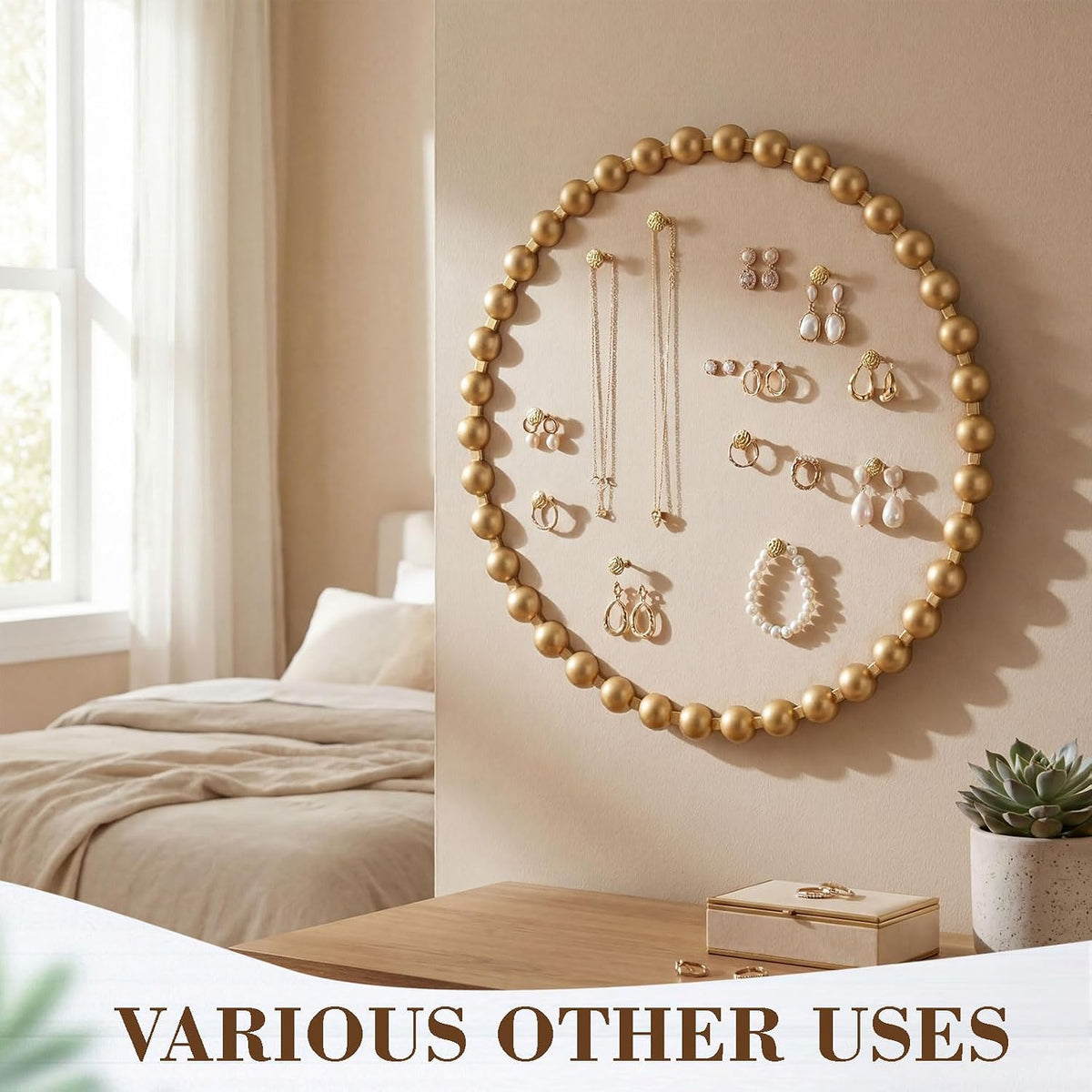 24 Inch Gold Bulletin Board, Beaded Frame Linen Fabric Pin Board