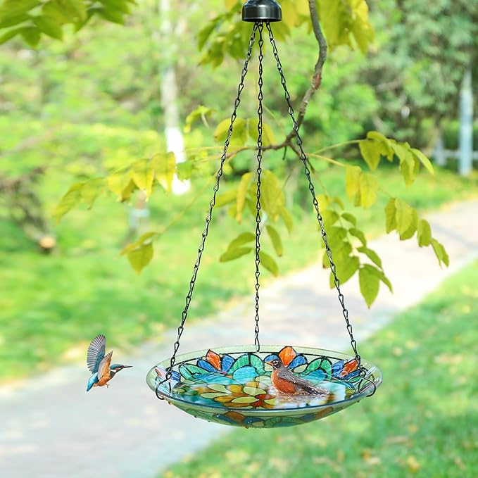 MUMTOP Hanging Bird Bath-Bird Baths for Outdoors - 12 Inch Glass Bird Water Bowl Bird Feeders for Outside, Garden, Lawn Yard Decor