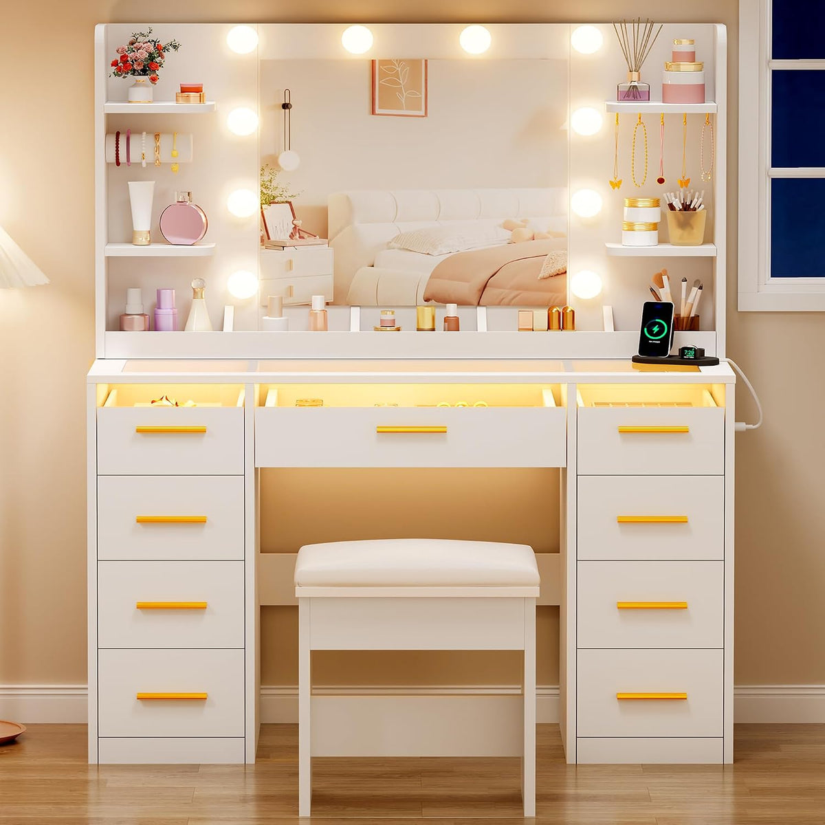 ANWBROAD Large Vanity Desk with Mirror and Lights & Transparent Glass Top