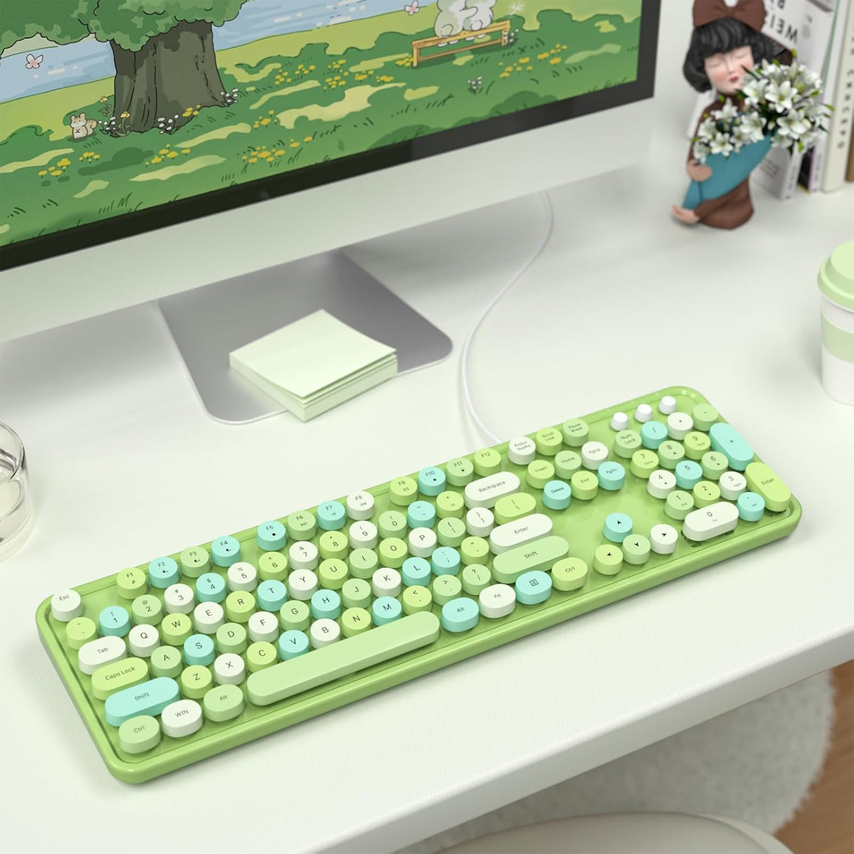 MOFII Wired Keyboard - Full Size USB Plug & Play, Retro Round Typewriter Keyboard with Foldable Stands for Windows PC Laptop (Green Colorful)