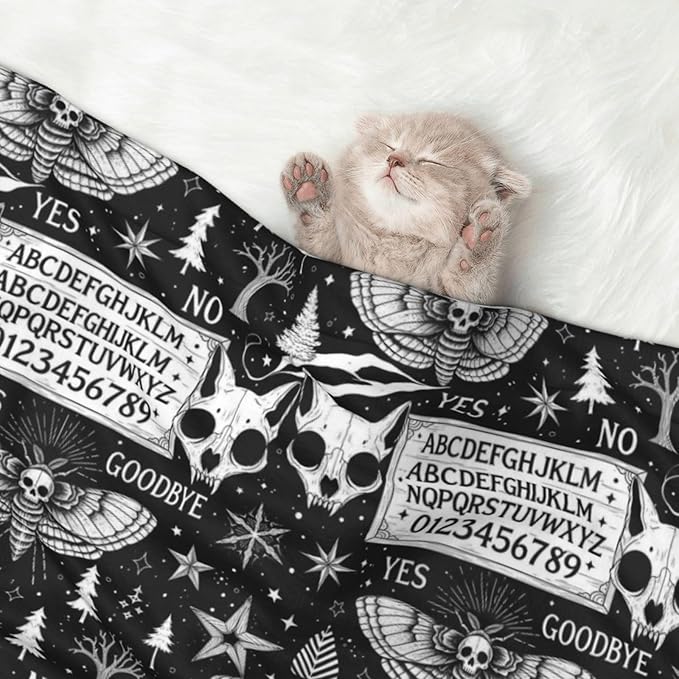 Reversible Dog Blanket for Beds Couches, Cat Skull Head Witch Board Black Gothic, Double Sided Cat Blanket with Textured Dot Feel and Smooth Feel for Seasonal Comfort All Year