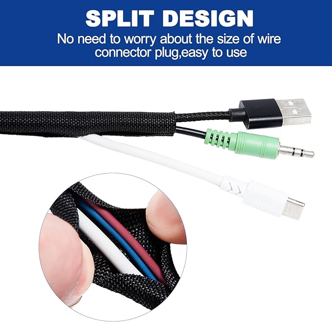 Split-Sleeve Wire Loom for High-Temperature Automotive Harness and Home Cable Management, 25ft - 1.25 inch Braided Cable Management Sleeve Cord Protector, Self-Wrapping Split Wire Loom