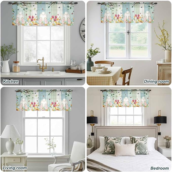 Easter Sheer Valances for Windows 42"x18", Light Filtering Kitchen Curtains