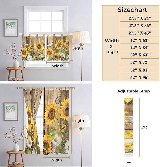 Farmhouse Sunflowers Kitchen Curtains 36 Inch Length, Small Window Curtains Tab