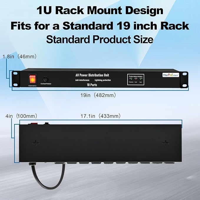 10 NEMA 5-15R Outlet Surge Protector PDU, 120V 15A 3600J 10KA, 1U Rack Mount