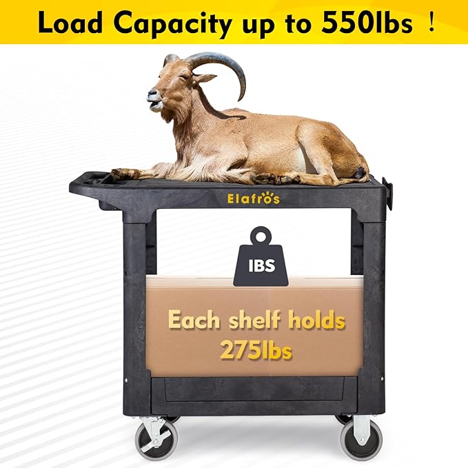 ELAFROS Heavy Duty Plastic Utility Cart Flat top 37 x 18.8 Inch - Work Cart Flat Shelves and 2 Fixed 2 Swivel Wheels Safely Holds up to 550 lbs - 2 Tier Service Cart for Warehouse,Garage, Black