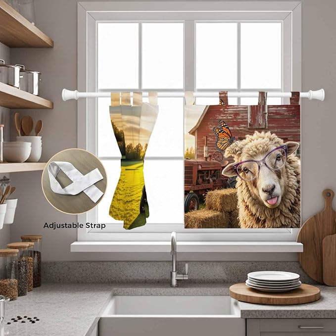 Farm Sheep Kitchen Curtains 24 Inch Length, Small Window Curtains Tab Top