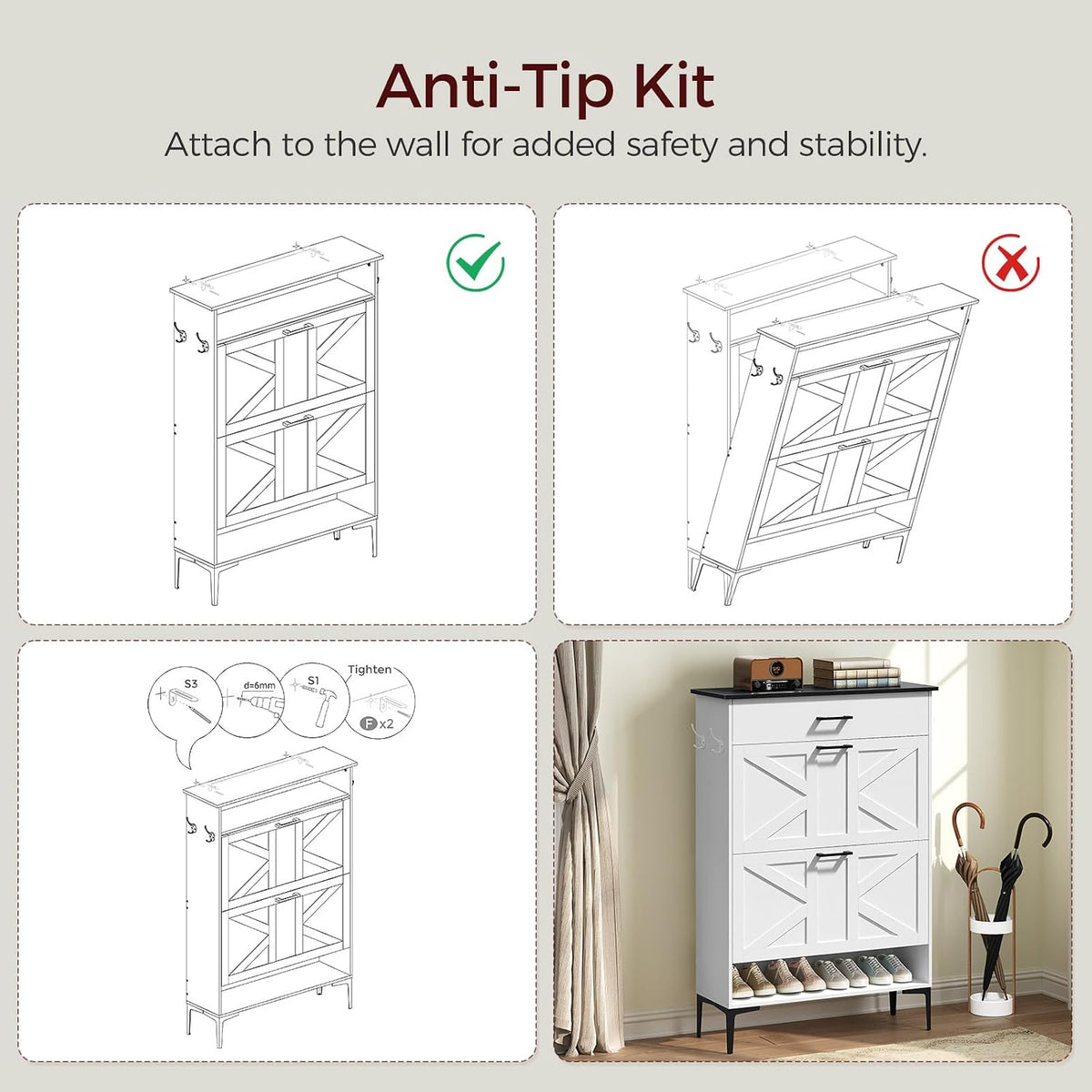 MAHANCRIS Shoe Cabinet with 2 Flip Drawers, Farmhouse Shoe Storage Cabinet for Entryway, Freestanding Narrow Shoe Organizer Cabinet with Adjustable Shelves for Entrance, Black and White SHBB20201