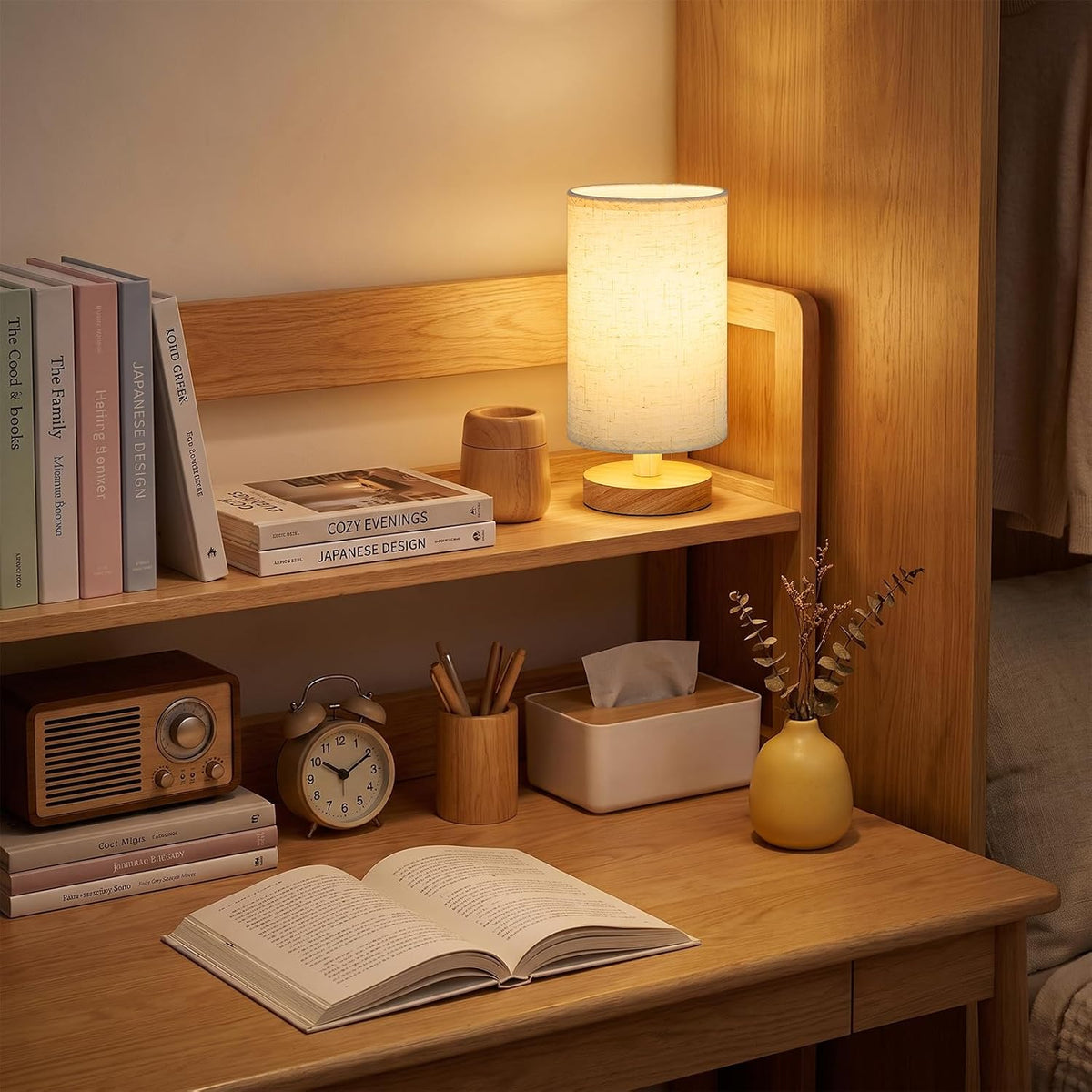 Fenmzee 8.5" Small Table Lamps Set of 2 - Light Beige Shade & Wood Base