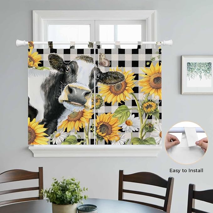 Retro Sunflowers Bedroom Curtains 63 Inch Length, Window Curtains Tab Top
