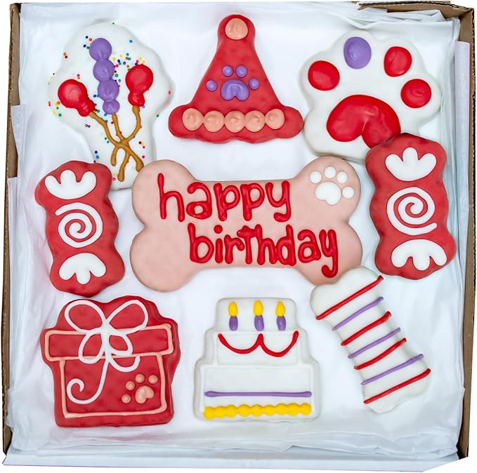 Wufers Birthday Boy Cookie Box | Gifts for Dogs | Gourmet-Decorated Treats | Made with Locally Sourced Ingredients (Red - Birthday Girl)