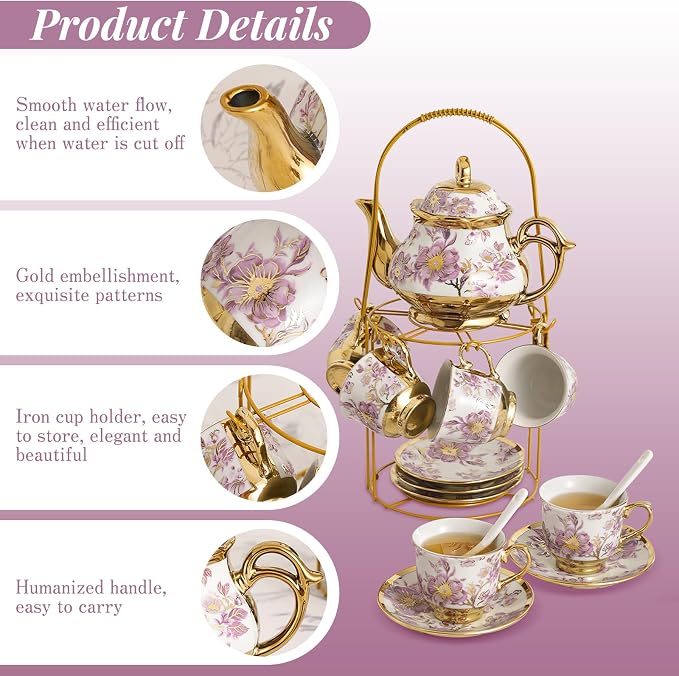 Ceramic Tea Set 20 Pcs, 700ml/23oz Porcelain Tea Pot Sets