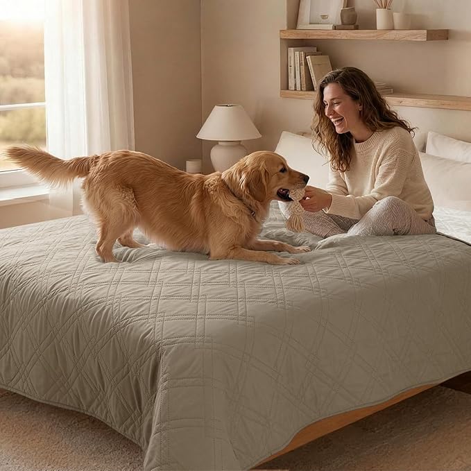100% Waterproof Dog Couch Protector, Triple-Layer Waterproof Dog Bed Cover Pet Blanket Reversible 2-Tone Sofa Shield, Non-Slip Furniture Guard for Pets(35×71 Inch, Khaki+Off White)