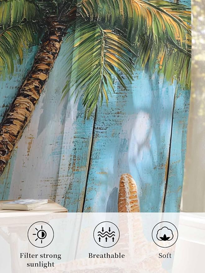 Sheer Curtains 54 Inch Length, Coastal Beach Tree Semi Sheer Curtains Light
